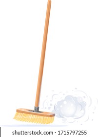 Suelo de barrido de un paño con largo mango de madera y nubes de polvo aisladas, ilustración de calidad de la aplicación doméstica de polvo y suciedad