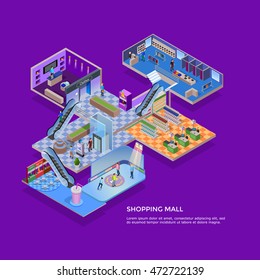 One floor of shopping mall isometric concept with customers in supermarket clothing shop and skating rink on violet background vector illustration