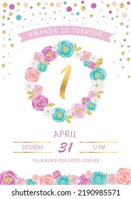 One with floral wreath isolated on background. Template for Baby Birthday, party invitation, greeting card. Cute Number One as First year anniversary logo, patch, sticker