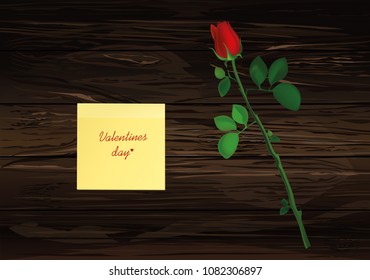 One flower with red bow and Yellow sheet of paper for notes. Sticker.  Rose. Greeting card for Valentine's Day wedding and birthday. Empty space for your text or ad. Vector illustration on wooden back