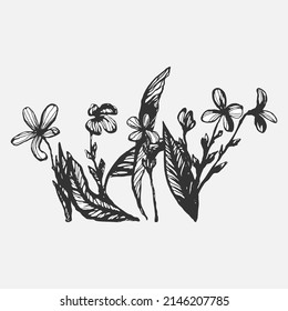 one flowers and leaf vector ink illustration. Creative hand drawn flowers for posters, invitations, wedding cards. Silhouette flowers for feminine backgrounds.