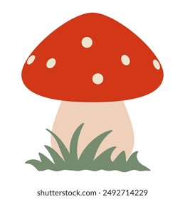 One fly agaric mushroom in green grass in cartoon style on a white background, autumn vector graphic.