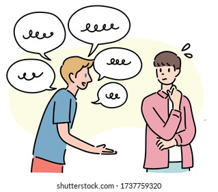 One foreigner speaks a foreign language and the other does not understand it. hand drawn style vector design illustrations. 