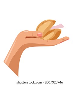 Una galleta de la fortuna en la palma de la mano. Ilustración de dibujos animados sobre un fondo blanco para una festividad y una postal