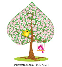 One of Four seasons - spring - tree and funny bird.