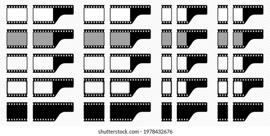 One frame for creating seamless film and a final frame element with the end of the film. Black-white silhouette of an empty film and with frames. Rounded and straight picture frames. Vector