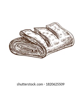 one fresh puff bun or pastry turnovers sketch isolated on white. puff pastry cake with filling like cheese, meat, jam or apple. baked pie, strudel hand drawn illustration. vector pastry icon.