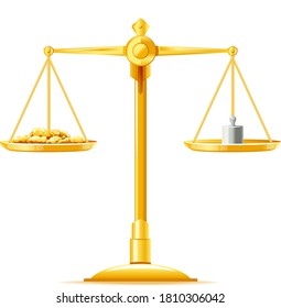 One full golden justice scales in front view with golden nuggets and weight measure, libra golden metal isolated illustration, balance on the scales, ancient weight scale isolated