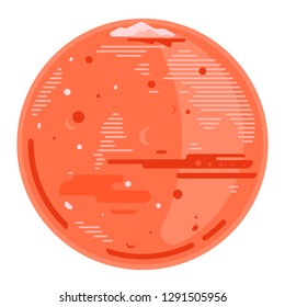 One full red planet Mars in lines stylization, space exploration and colonize illustration in flat style with lines, Martian polar ice cap and glacier