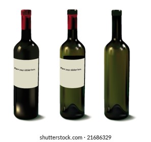 One full and two empty red wine bottles. Relistic vector image.