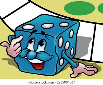 One Funny Blue Dice with Big Smile and Hands - Colored Cartoon Illustration with Background, Vector