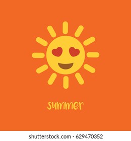 one funny emoticon cartoon love sun vector flat design style isolated with two heart like eyes. new, clean & simple modern sign or symbol & text for summer holiday. enjoy the beautiful & hot sunlight