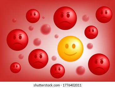 One funny smiley face. Evil smileys surrounded by a cheerful smile. Emotions and feelings.
Stock vector.