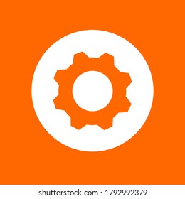 One gear sign icon. In white circle on a orange background.