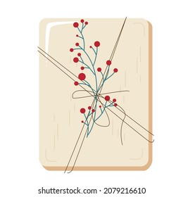 One gift in a craft package with a rope and a winter branch for the holiday.A gift box in a rustic style.Eco-decor.Vector illustration for postcards