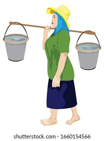 one girl carry water pail on shoulder on white background vector design