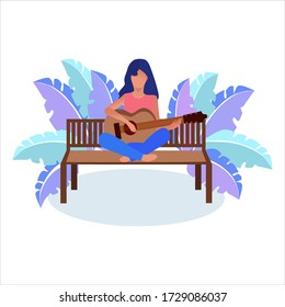 One girl plays the guitar, sitting on a bench. The concept of independent learning to play the guitar and music, singing. For creativity, hobbies, hobbies. Cartoon flat style.