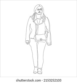 One girl with a small bag. Monochrome vector illustration. Contour