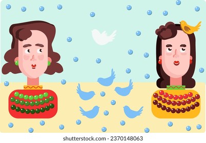 One girl smiles cheerfully because a bird flew to her. The second girl dreams of a bird flying to her. Birds fly around them in the air, helping to collect beads as a symbol of making dreams come true