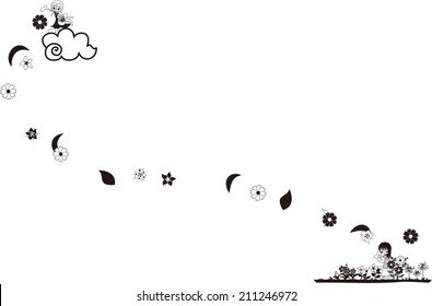 One girl is sowing autumn flowers on the cloud, and another girl loves them.
