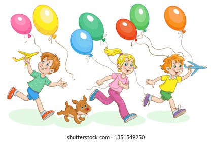 One girl and two boys with a little dog run for colorful balloons. In cartoon style. Isolated on white background. Vector illustration