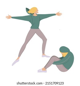 One girl in two states of activity and depression