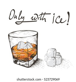 One glass with alcoholic drink and ice.Isolated on white background.Vector illustration