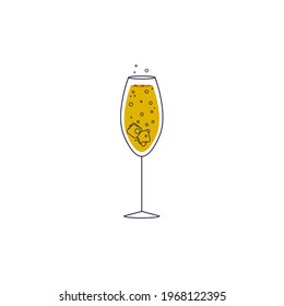 One glass of champagne with ice cubes and gas bubbles. Vector illustration, flat cartoon minimal, linear design isolated on white background, eps 10.