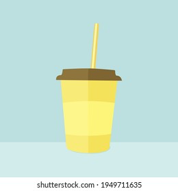 one glass of light yellow color with a brown lid and a yellow straw, with a place for an inscription