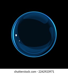 One glass sphere transparent on black background, circle geometric figure on side view, empty transparent glass magic ball