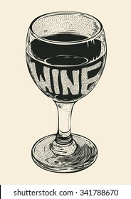 One glass of wine. hand drawn design element. engraving style. vector illustration