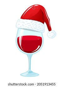 One glass of Wine in Santa hat - red wine with Santa hat. Merry Christmas decoration. Jingle Juice, Holiday cheers. Home decoration or t shirt design, ugly sweaters.