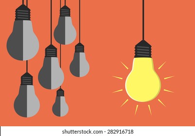 One glowing light bulb hanging beside many gray dull ones. Innovation, motivation, insight, inspiration concept. EPS 10 vector illustration, no transparency