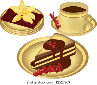 One goblet with coffee, one piece of the cake with chocolate cream and red currant. Vector illustration