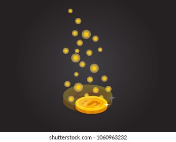 One Gold coin vector EPS10 icon with dollar sign. on dark Background. Vector illustration.