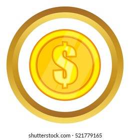 One gold coin vector icon in golden circle, cartoon style isolated on white background
