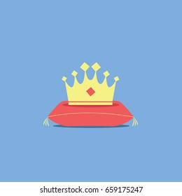 a one gold crown cartoon symbol with a red diamond fla design style on a cushion or on a royal pillow. throne isolated icon for king, prince, princess or queen 