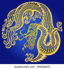 One gold curving Chinese dragon at blue background ; RGB EPS 10 vector illustration