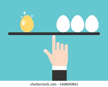 One gold and three white ordinary eggs balancing on hand of businessman. Investment, success, business, luck and wealth concept. Flat design. Eps 8 vector illustration, no transparency, no gradients