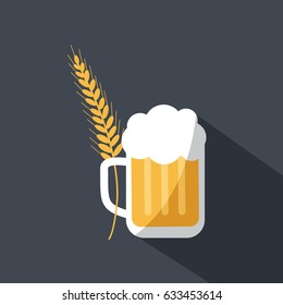 one gold Wheat modern simple vector on flat design & cool Beer mug or beer glass with full foam isolated icon & symbol. button sign for web. alcohol drink with shadow