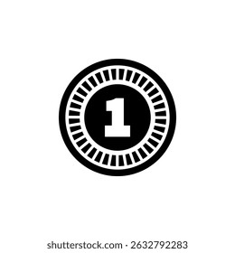 One Golden Coin, 1 Gold Cent or Dollar Solid Flat Vector Icon Isolated on White Background.