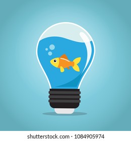 One golden fish swimming in the water of a bulb. Vector illustration.
