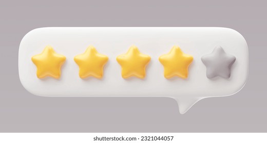 One golden stars of four, positive feedback 3d realistic style rendering. Customer review with metallic stars in speech bubble. Service satisfaction, quality, good rate vector illustration