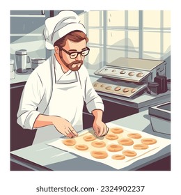 One gourmet man cooking dough on stove icon isolated
