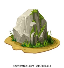 one gray rock, stone or boulder covered with moss in grass on ground. natural landscape element. vector Illustration of mossy cliff isolated. great for forests, swamp, jungle mountains game design