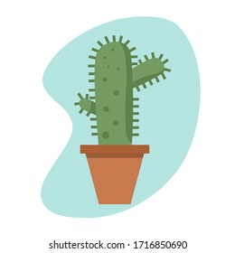 One green cactus tree is in a In clay pots.Flat design.vector Illustration.