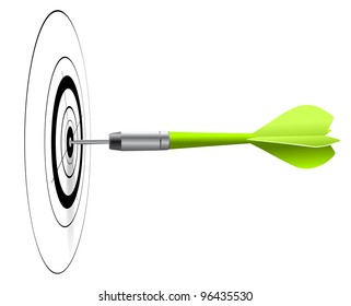 One Green Dart Hitting The Center Of A Black Target, White Background, EPS Vector Image