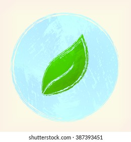 One green leaf in a blue circle, pale yellow background. Painted design element. Watercolor illustration for web or typography (magazine, brochure, flyer, poster).
