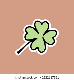 one green leaf clover with four leaves and a black outline, doodle