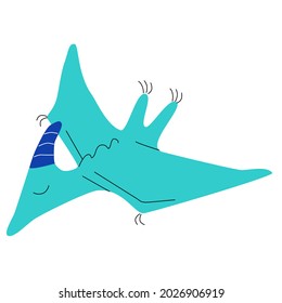 One green pterosaur dinosaur in flight with its eyes closed in doodle style for children's room, isolated on a white background. Vector illustration